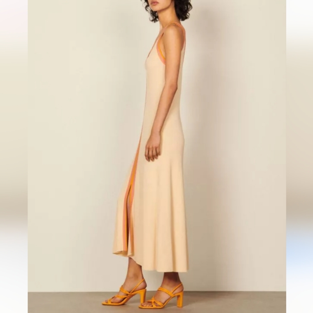 Sandro Piana V Neck Ribbed Midi Dress Ecru Orange Boarder Stripe 42 - Picture 3 of 16